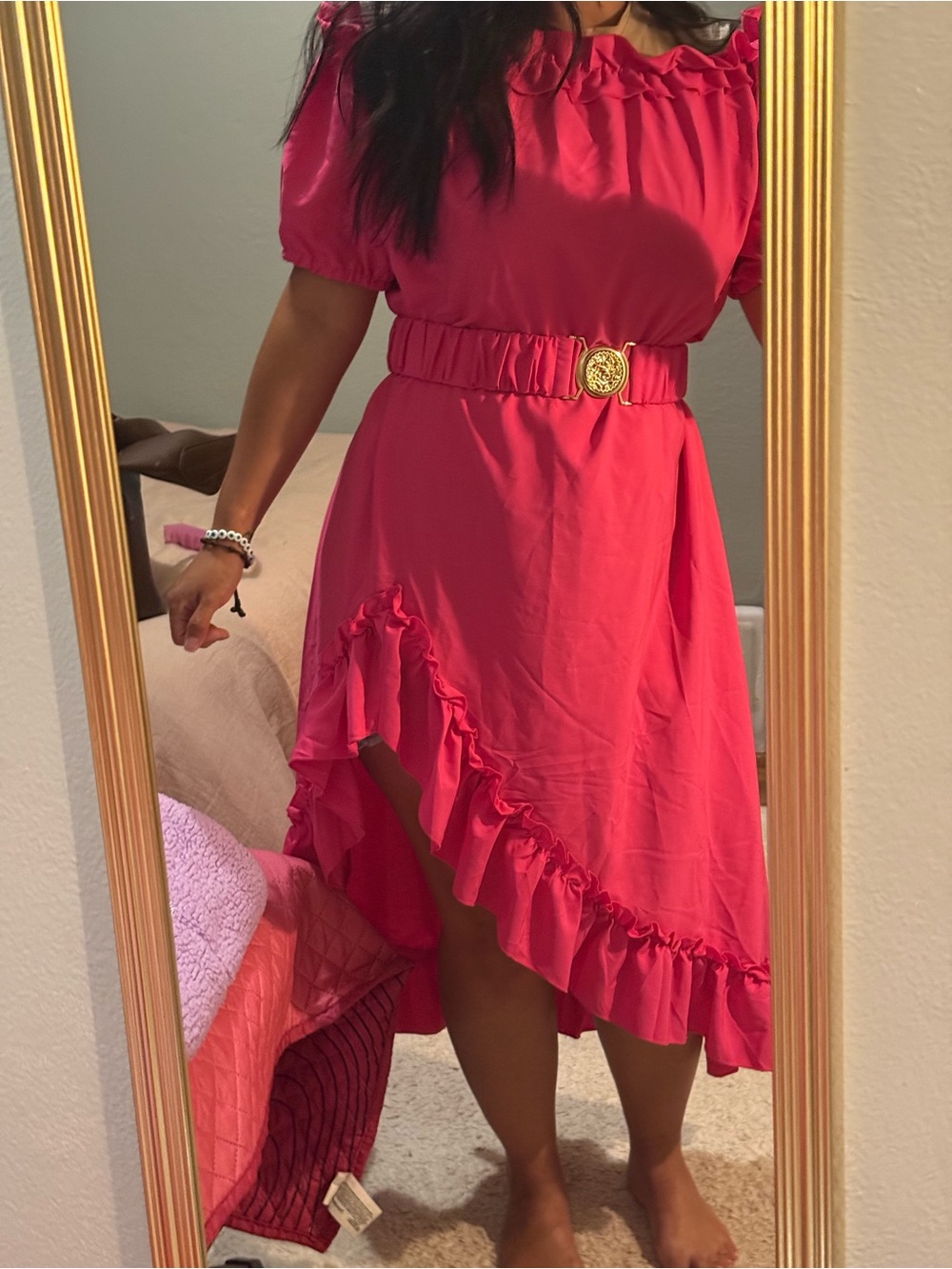 SHEIN Bright Pink Ruffled High-Low Maxi Dress with Belt